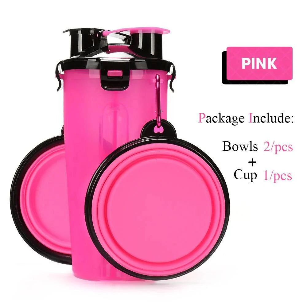 Pet Water Bottle Food Container with Folding Silicone Bowl