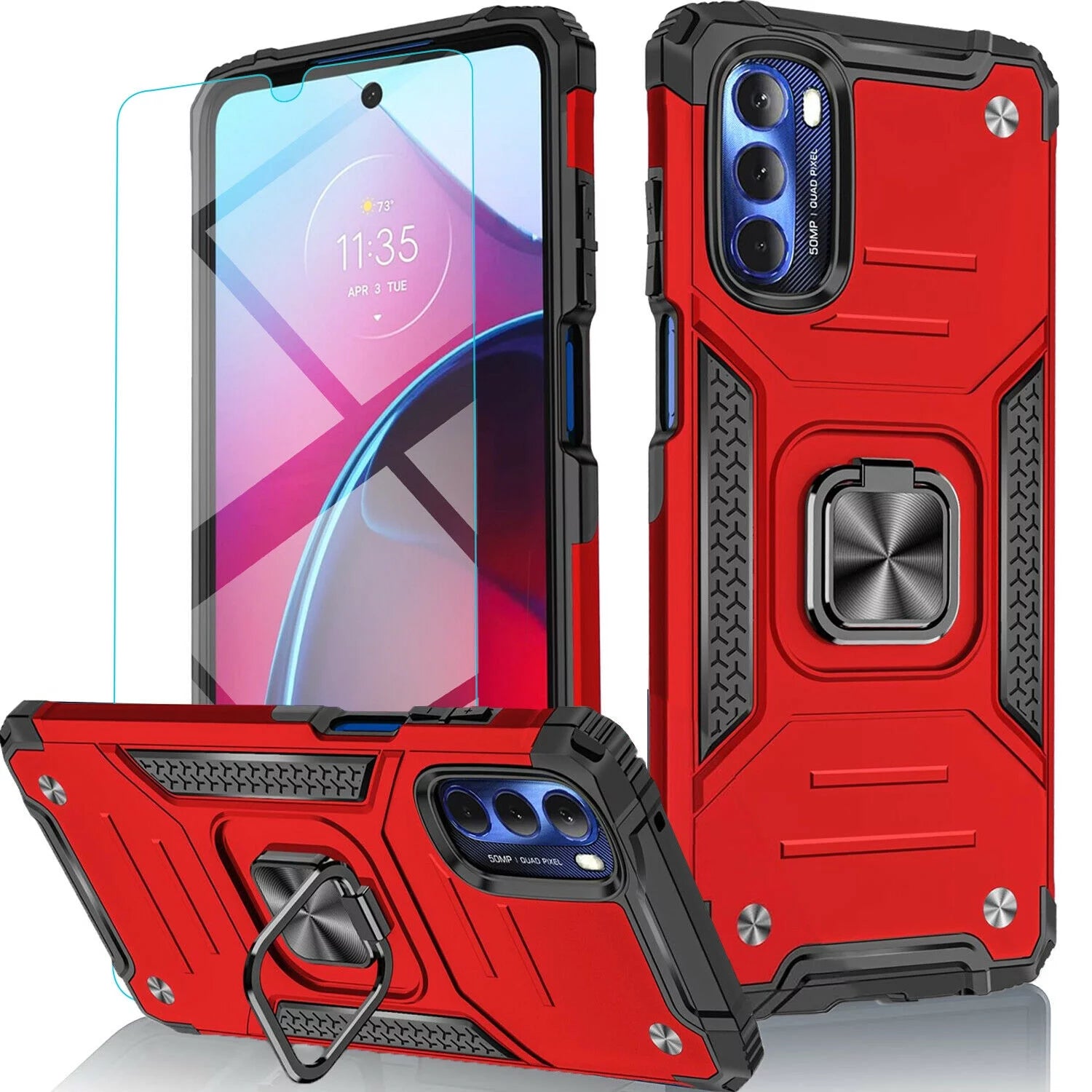 Case for Motorola G 5G 2022, Tempered Glass Screen Protector, Ring Stand Shockproof Cover-Red