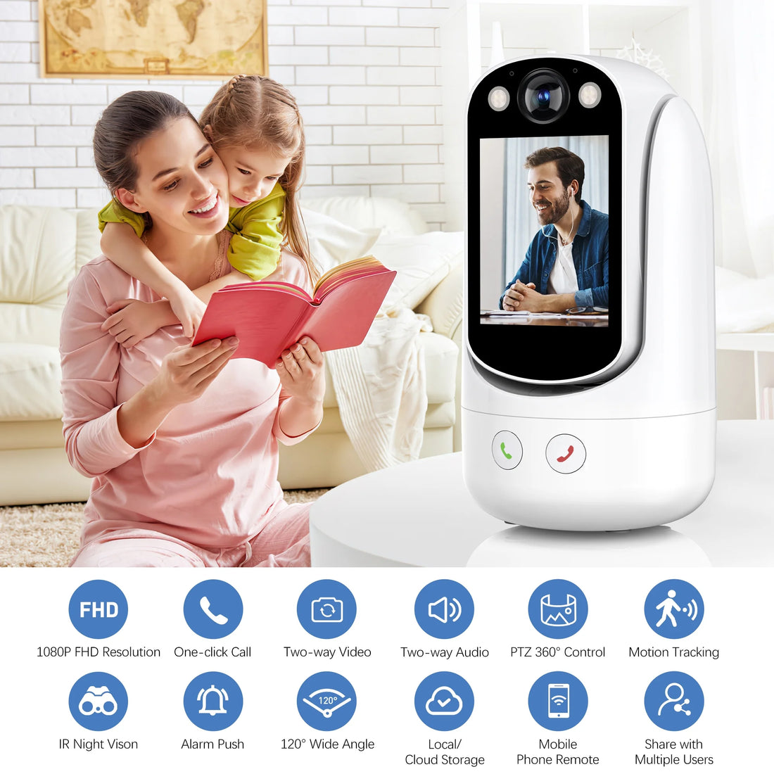 Baby Monitor with Two Way Video Call, 1080P HD Wifi Cameras W/ 2.8” Screen for Home Security/Baby Monitor/Pet Camera, AI Motion Detection&amp;One-Click Call, Full-Color Night Vision for Baby Pet Elderly