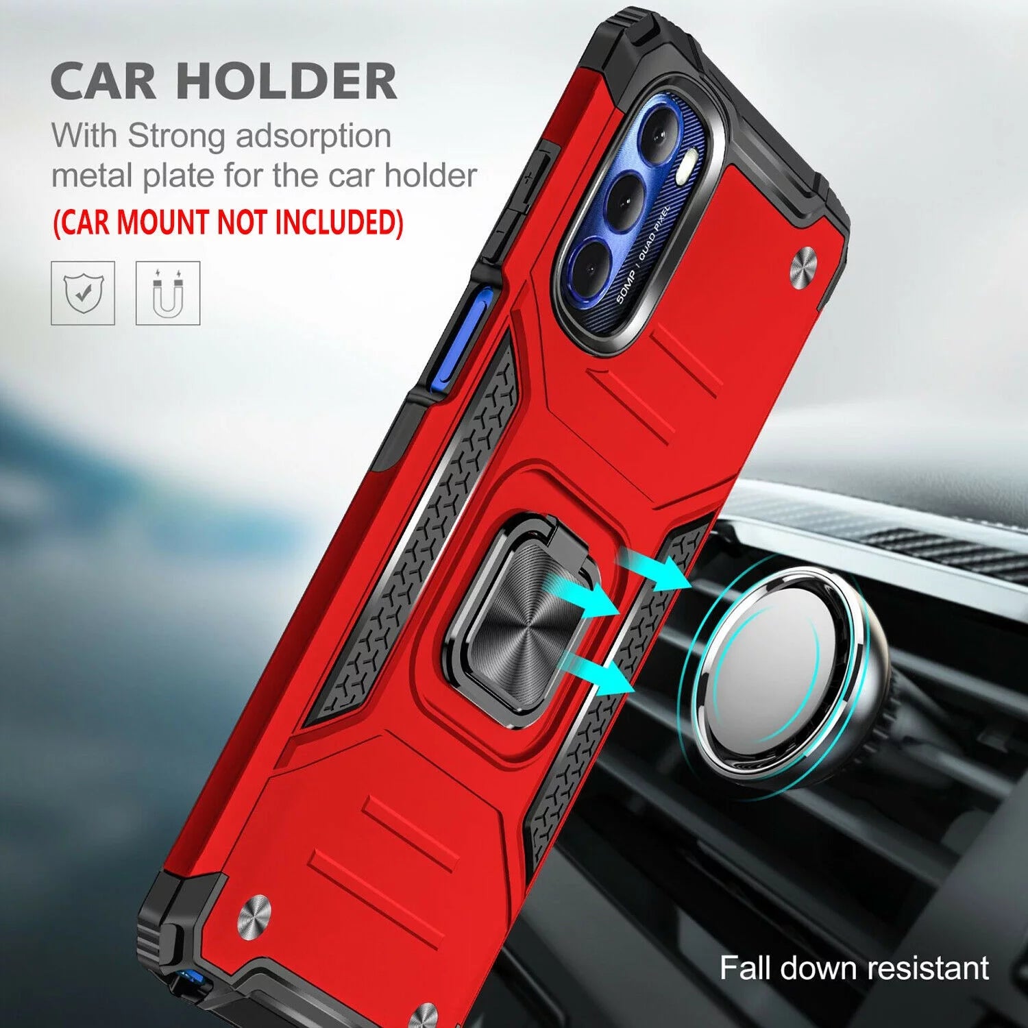 Case for Motorola G 5G 2022, Tempered Glass Screen Protector, Ring Stand Shockproof Cover-Red