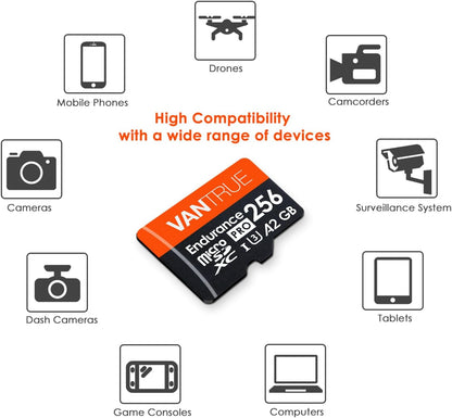 256GB Microsdxc UHS-I U3 4K UHD Video High Speed Transfer Monitoring SD Card with Adapter for Dash Cams, Body Cams, Action Camera, Surveillance &amp; Security Cams