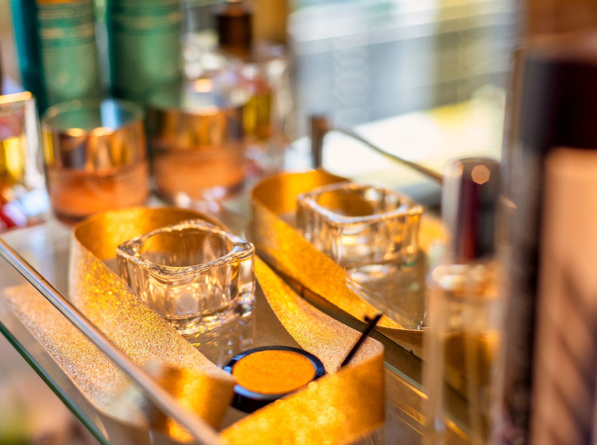 Skincare and beauty products arranged in a flat lay