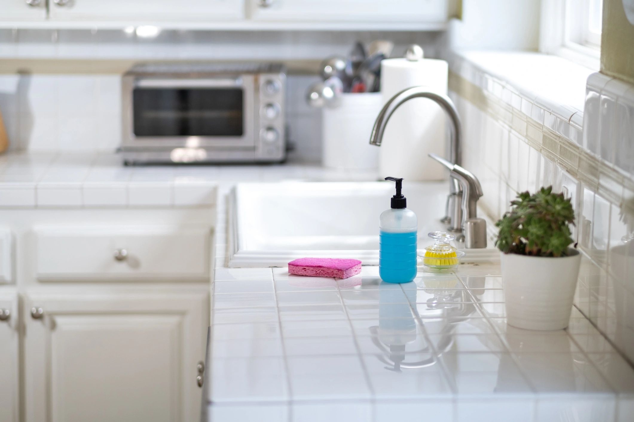 Kitchen sink and counter with soap, sponge and scrub brush