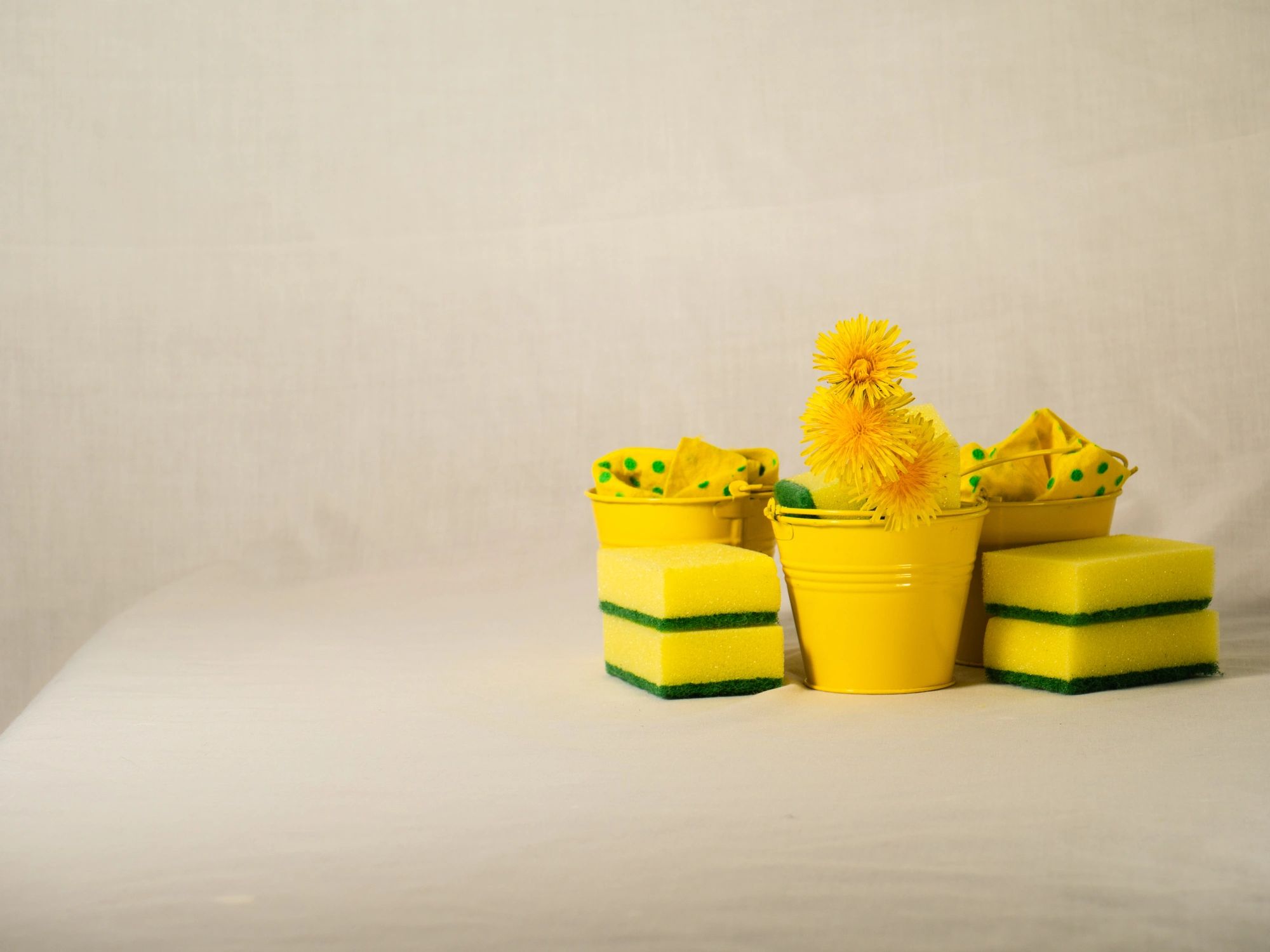 Spring cleaning buckets, sponges and cloths